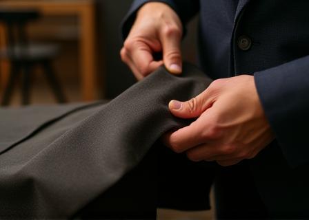 Tailor adjusting the hem of a suit jacket in GreenLeaf’s alteration section