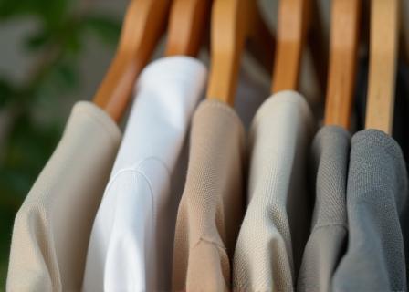 Close-up of eco-friendly dry cleaned clothes on wooden hangers