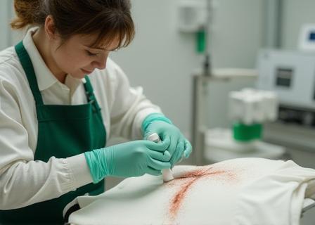 Technician treating a stained garment in the GreenLeaf workshop